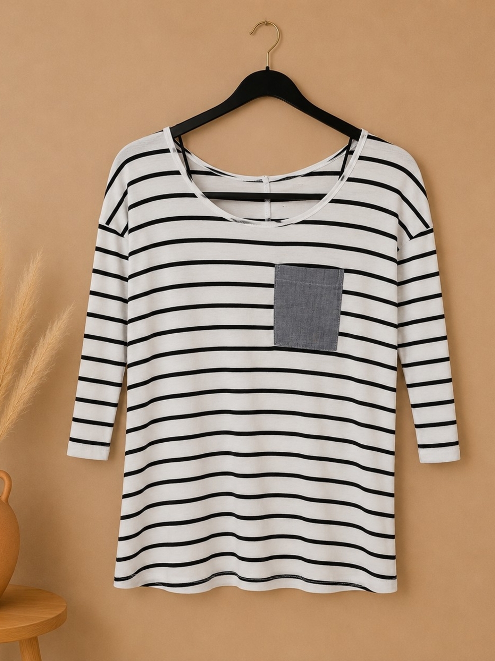 LOFT Black & White Striped Long Sleeve Top with Contrast Pocket